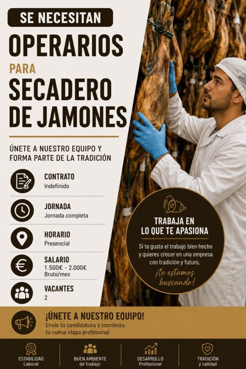 Se necesitan operarios para secadero de jamones (1.500€ – 2.000€)