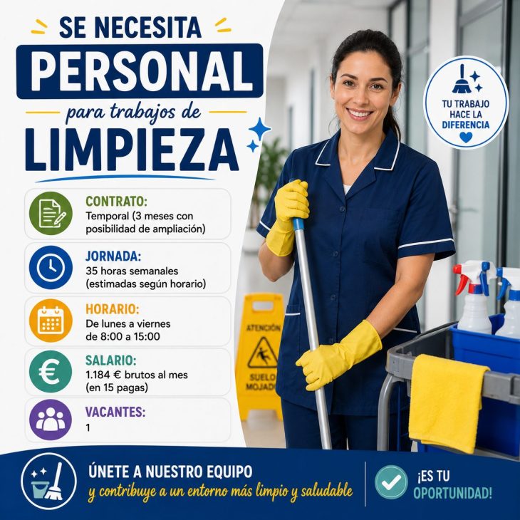 Se necesita personal para trabajos de limpieza 1.184€/mes