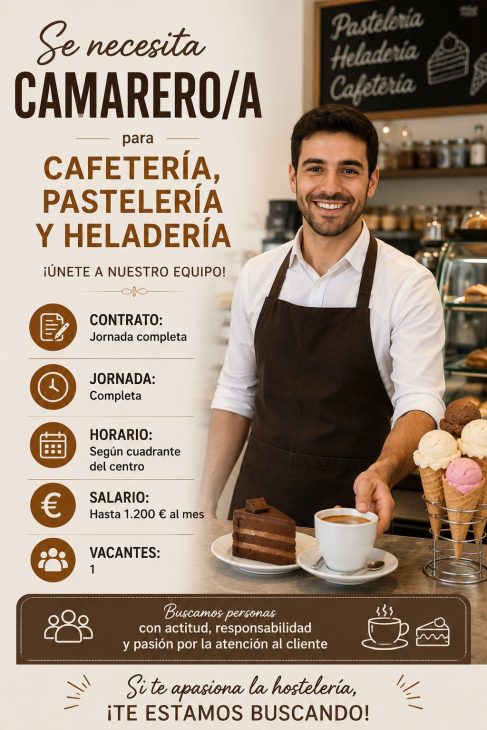 Se necesita camarero/a para cafetería pastelería y heladería 1.200€/mes