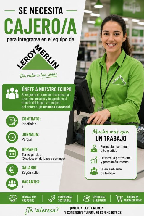 Se necesita cajero/a para integrarse en el equipo de Leroy Merlin