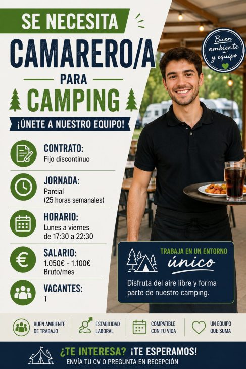 Se necesita camarero/a para camping 25h/s 1.050-1.100€/mes