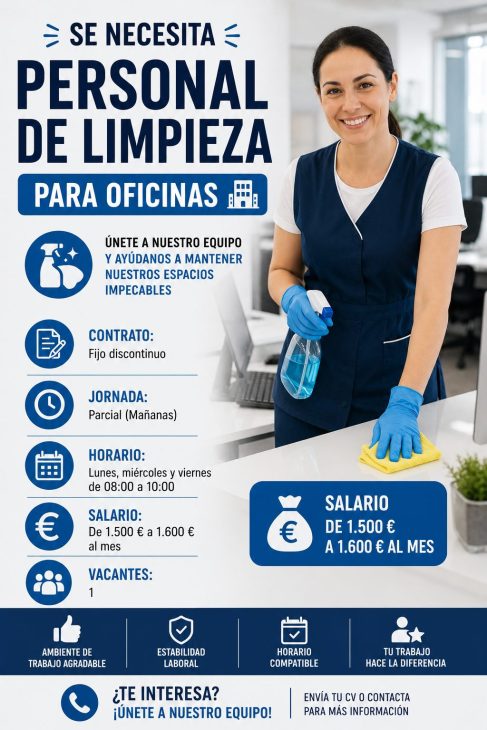 Se necesita personal para limpieza de oficinas 1.500-1.600€/mes