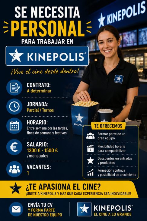Se necesita personal para trabajar en cines Kinepolis 1.200-1.500€/mes