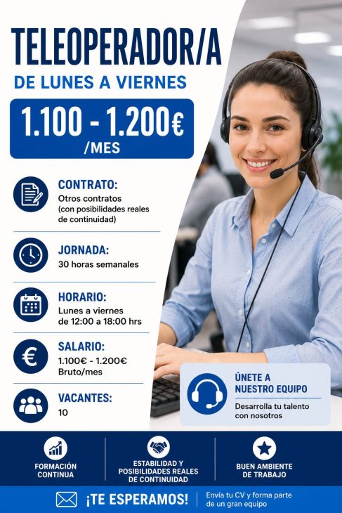 Teleoperador/a de lunes a viernes 1.100-1.200€/mes