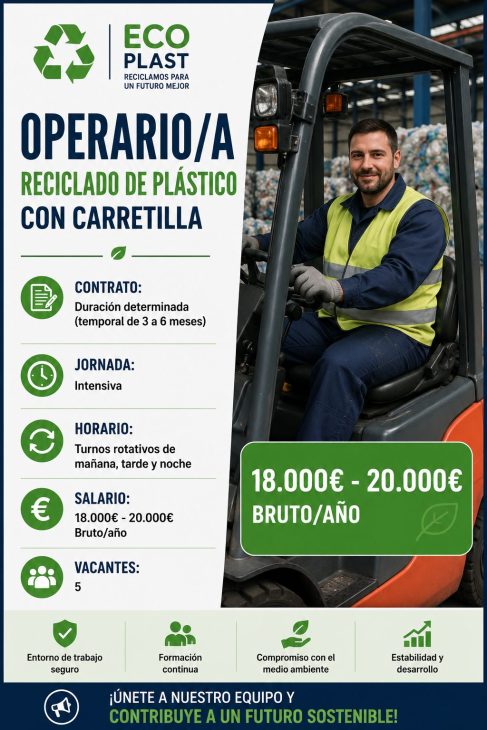 Operario/a reciclado de plástico con carretilla