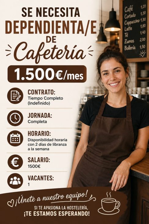 Se necesita dependienta/e de cafetería 1.500€/mes