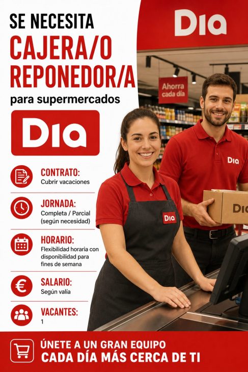 Se necesita Cajera/o Reponedor/a para supermercados Dia