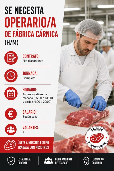 Se necesita operario/a de fábrica cárnica (H/M)