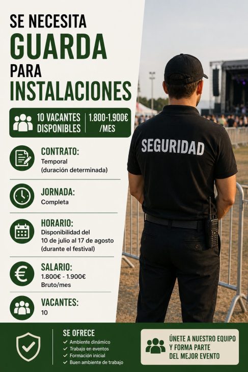 Se necesita guarda para instalaciones 10 vacantes disponibles 1.800€/mes