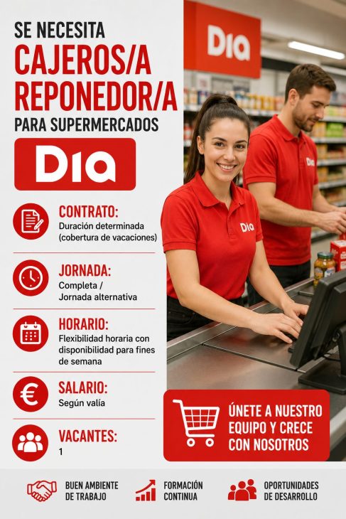 Se necesita cajeros/a reponedor/a para supermercados Día
