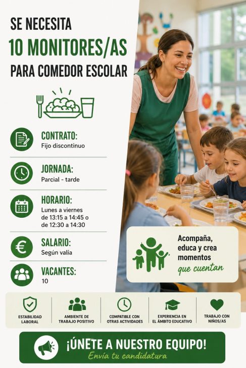 Se necesita 10 monitores/as para comedor en colegio