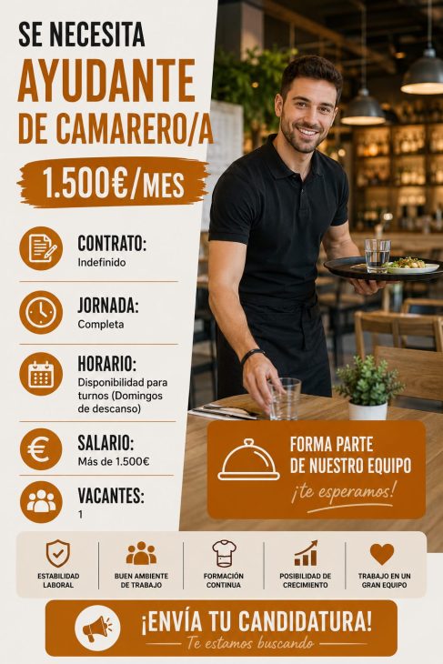 Se necesita ayudante de camarero/a 1.500€/mes