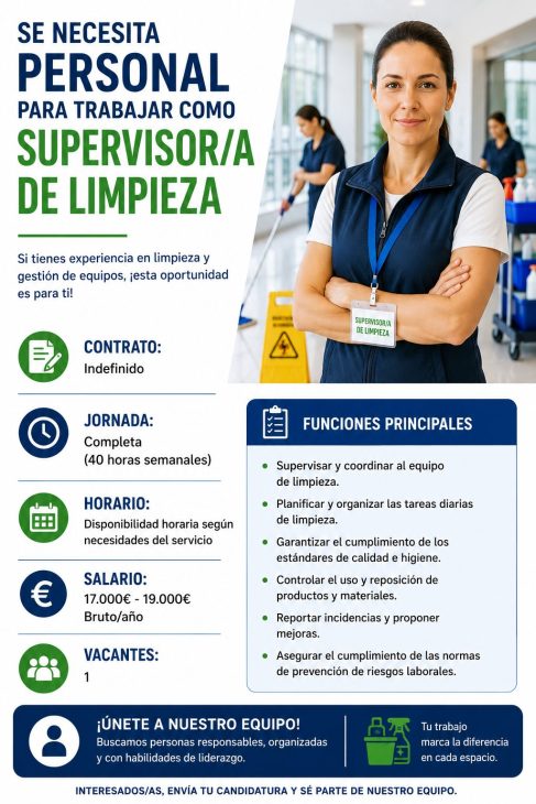 Se necesita personal para trabajar como supervisor/a de limpieza