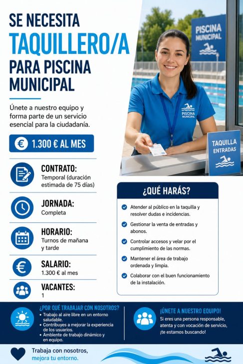 Se necesita taquillero/a  para piscina municipal 1.300€/mes