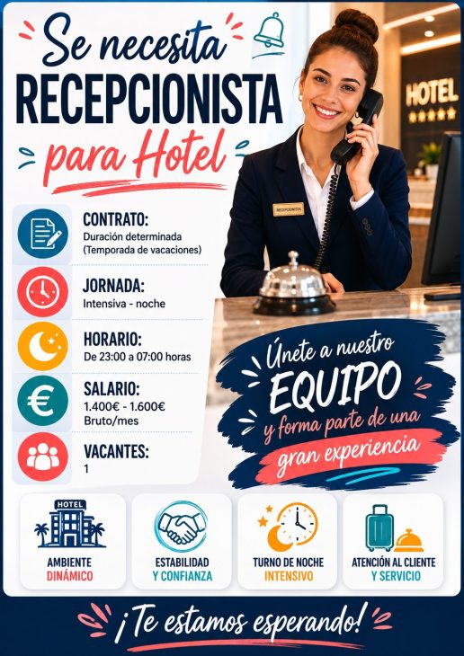 Se necesita recepcionista para hotel