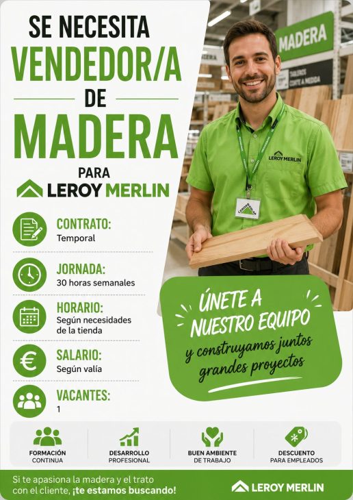Se necesita vendedor/a de madera para Leroy Merlin
