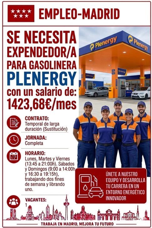 Se necesita expendedor/a para gasolinera Plenergy 1423,68€/mes