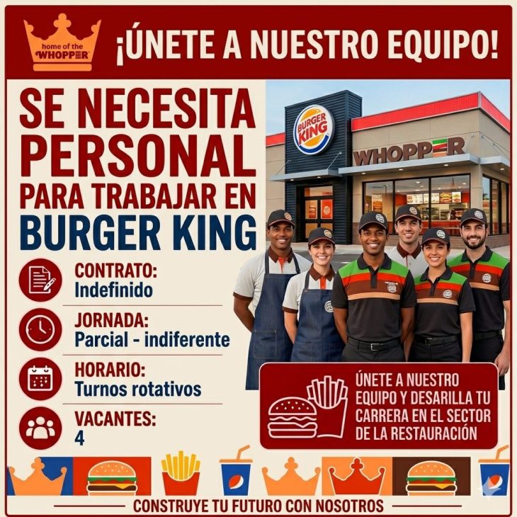 Se necesita 4 personas para trabajar en Burger King