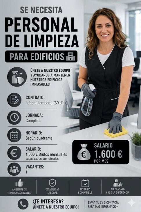 Se necesita limpiador/a para edificios 1.600€/mes