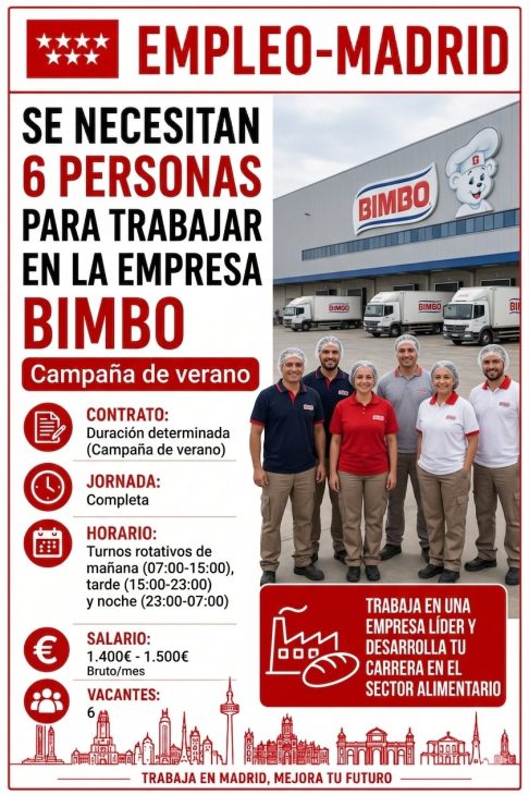 Se necesita 6 personas para trabajar en la empresa Bimbo