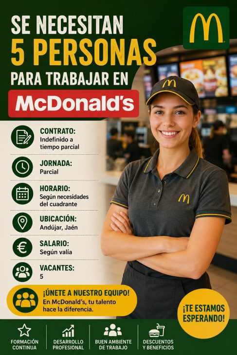 Se necesita 5 personas para trabajar en Mcdonalds