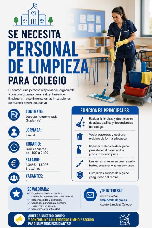 Se necesita personal para limpieza de colegio