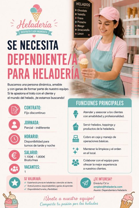 Se necesita dependiente/a para Heladería