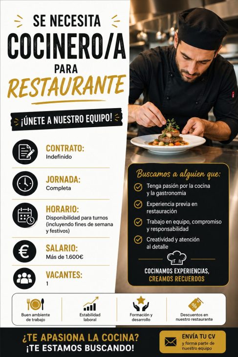 Se necesita cocinero/a para restaurante