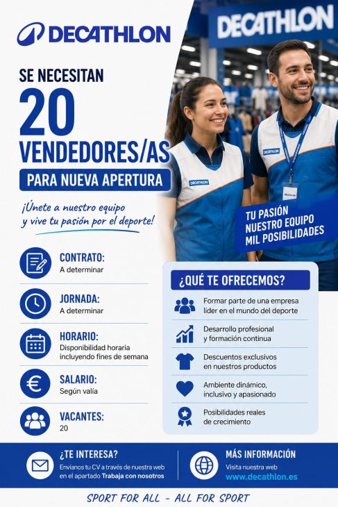 Se necesita 20 vendedores/a para nueva apertura de tienda Decathlon