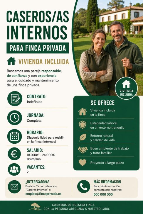 Caseros/as internos para finca privada (vivienda incluida)