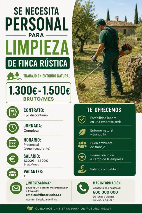 Se necesita personal para limpieza de finca rústica