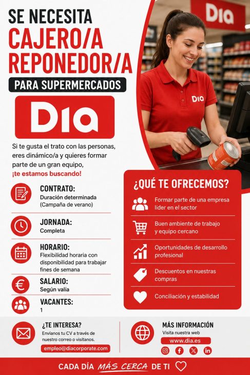 Se necesita cajero/a reponedor/a para supermercados Dia