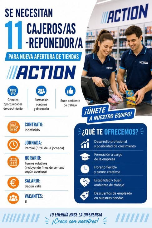 Se necesita 11 cajeros/as-reponedor/a para nueva apertura de tiendas Action