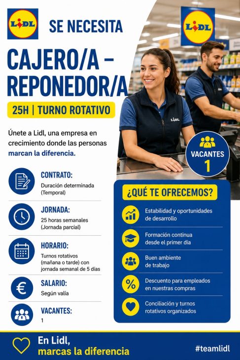 Se necesita Cajero/a – Reponedor/a 25h turno rotativo Lidl