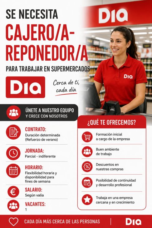 Se necesita cajero/a-reponedor/ para trabajar en supermercados Dia
