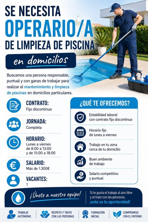 Se necesita operario/a de limpieza de piscina en domicilios