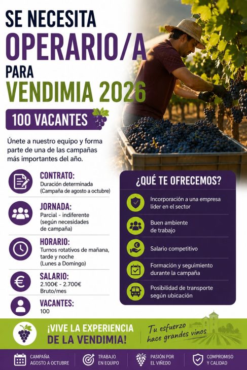 Se necesita operario/a para Vendimia 2026 (100 vacantes)