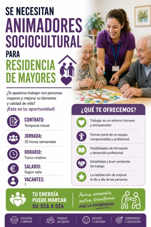 Se necesitan animadores sociocultural para residencia de mayores