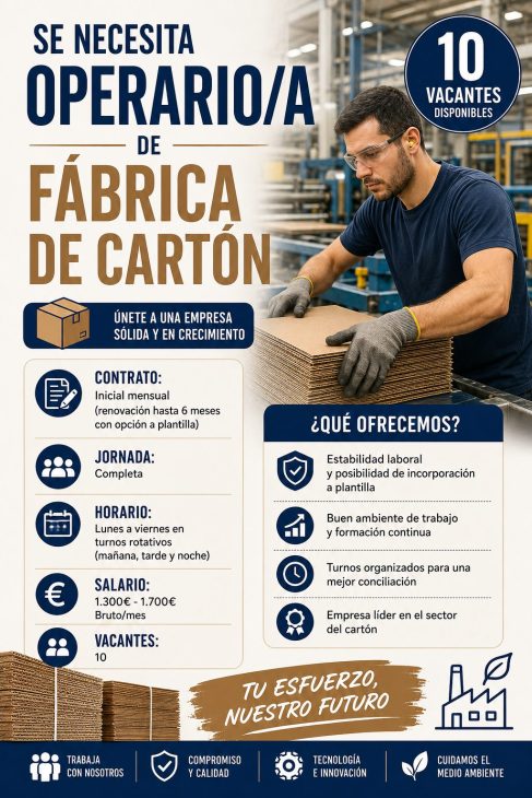Operario/a de fábrica de cartón 10 vacantes disponibles