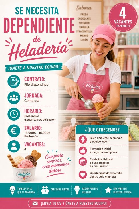 Dependiente heladería 4 vacantes disponibles