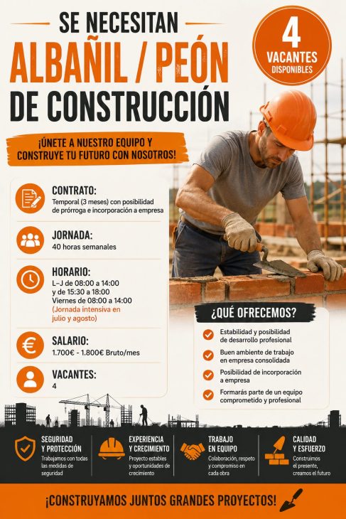 Se necesitan albañil / Peón de construcción 4vacantes disponibles