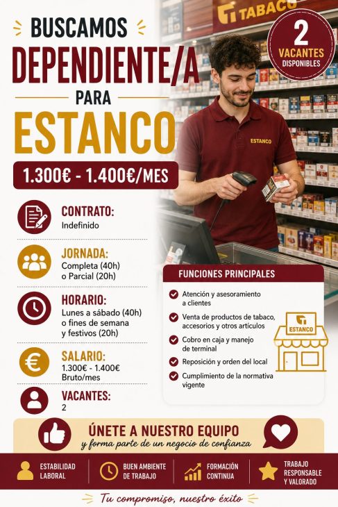 Dependiente/a para estanco 1.300-1.400€/mes