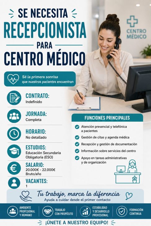 Se necesita recepcionista para centro médico