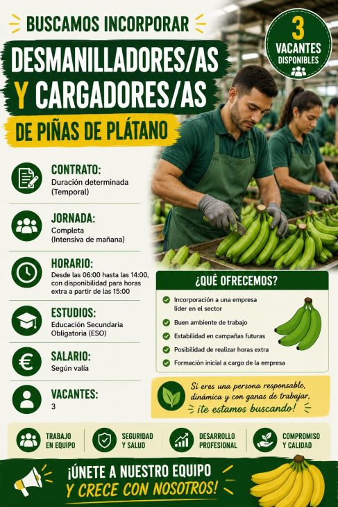 Buscamos incorporar Desmanilladores/as y Cargadores/as de piñas de plátano