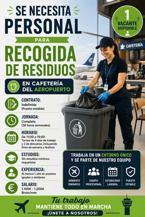 Se necesita personal para recogida de residuos en cafetería del aeropuerto
