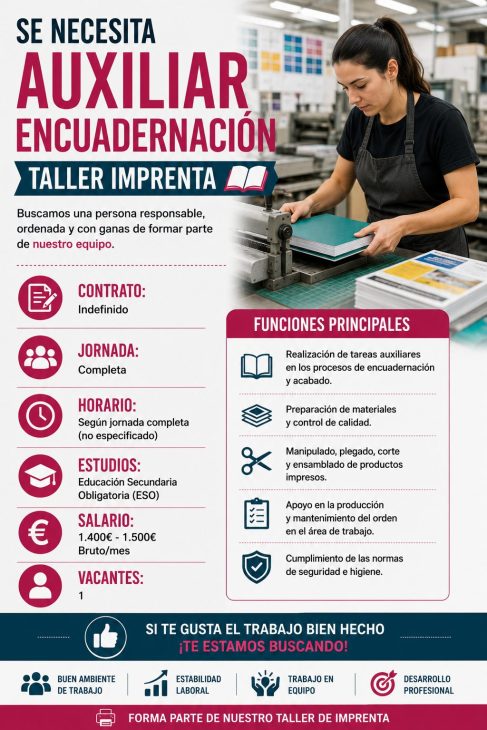 Se necesita auxiliar encuadernación taller imprenta