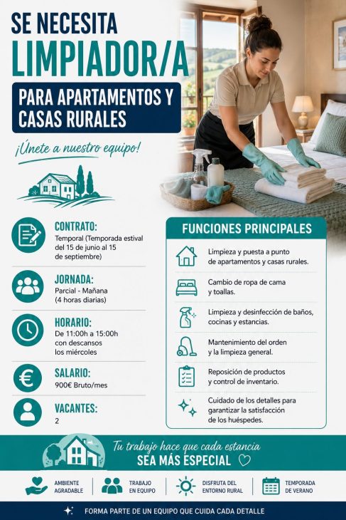 Se necesita limpiador/a para apartamentos y Casas Rurales