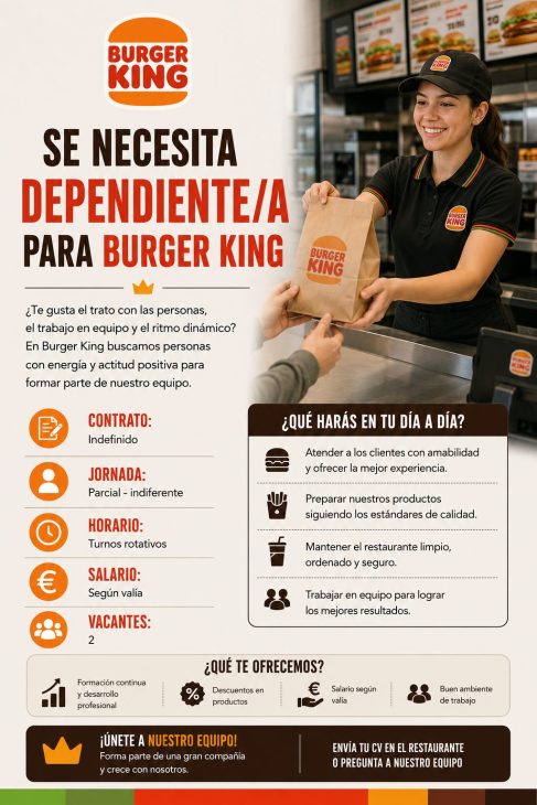 Se necesita dependiente/a para Burger King