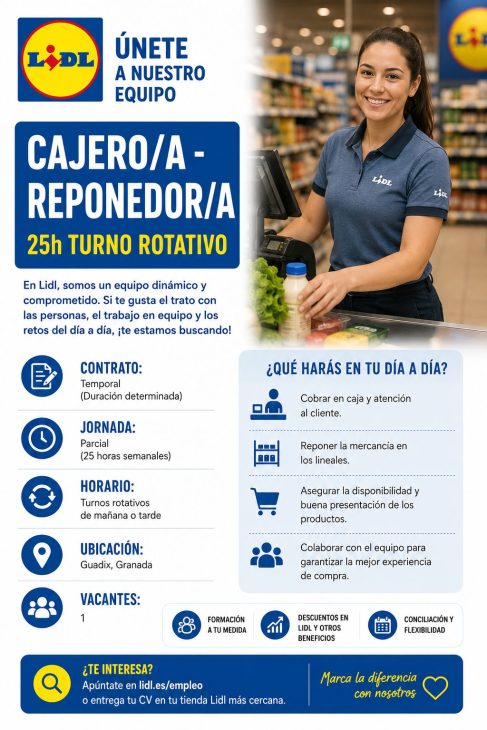 Cajero/a – Reponedor/a 25h turno rotativo Supermercados Lidl