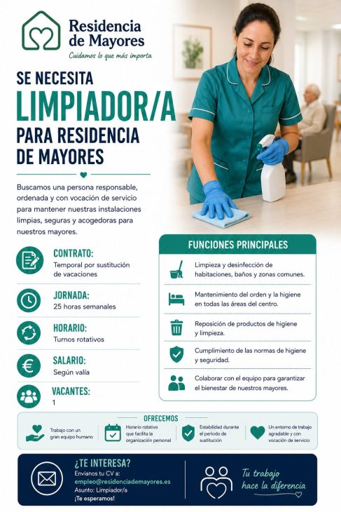 Se necesita limpiador/a para residencia de mayores